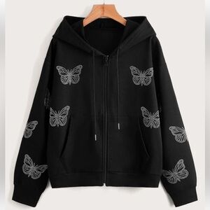 Romwe Fairycore Butterfly Rhinestone Zip Up Hoodie Sz Large